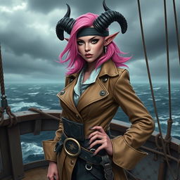 A captivating tiefling woman with striking pink skin and shoulder-length pink hair that flows elegantly