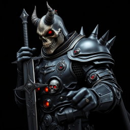 A fearsome armored figure clad in black armor from head to toe