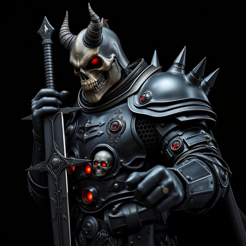 A fearsome armored figure clad in black armor from head to toe