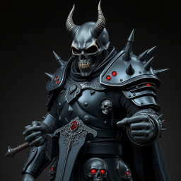 A fearsome armored figure clad in black armor from head to toe