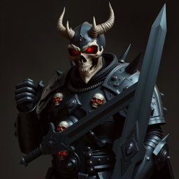 A fearsome armored figure clad in black armor from head to toe