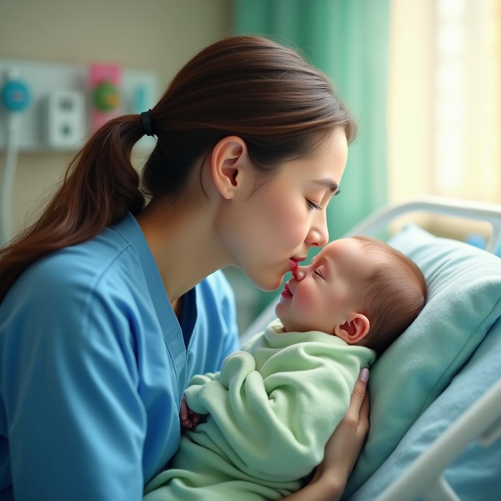 A realistic scene featuring a compassionate nurse gently kissing a baby boy on the forehead