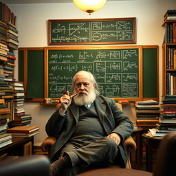 Dmitri Mendeleev sitting in a cozy, well-lit room, gently lighting a classic pipe