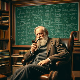 Dmitri Mendeleev sitting in a cozy, well-lit room, gently lighting a classic pipe
