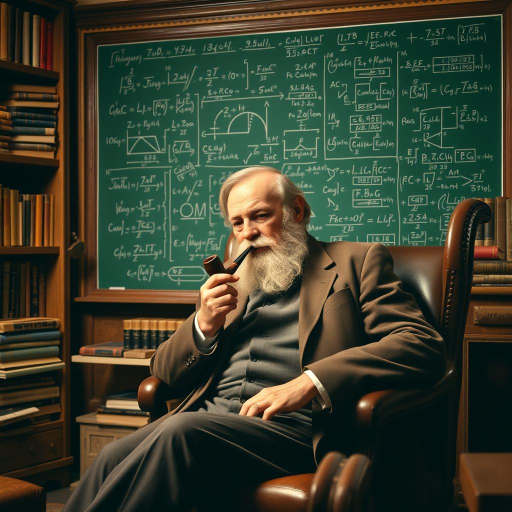 Dmitri Mendeleev sitting in a cozy, well-lit room, gently lighting a classic pipe