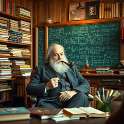 Dmitri Mendeleev sitting in a cozy, well-lit room, gently lighting a classic pipe