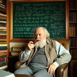 Dmitri Mendeleev sitting in a cozy, well-lit room, gently lighting a classic pipe