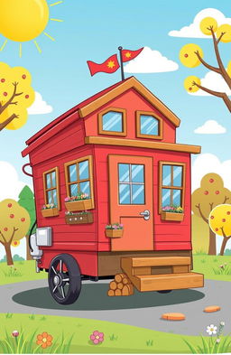 A whimsical, cartoonish illustration of a tiny home on wheels, featuring vibrant colors and playful designs
