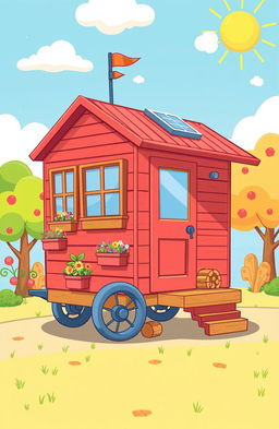 A whimsical, cartoonish illustration of a tiny home on wheels, featuring vibrant colors and playful designs