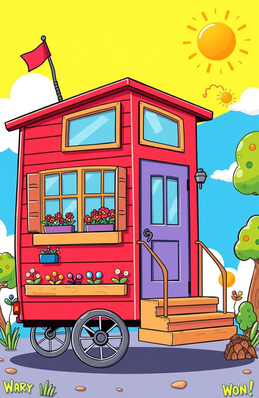 A whimsical, cartoonish illustration of a tiny home on wheels, featuring vibrant colors and playful designs