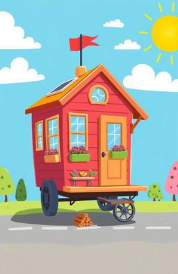 A whimsical, cartoonish illustration of a tiny home on wheels, featuring vibrant colors and playful designs