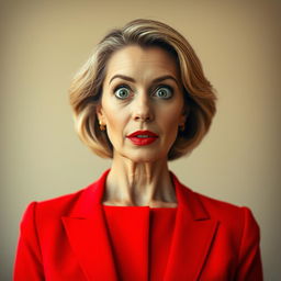A beautiful 50-year-old woman dressed in a striking red outfit stands front-facing, looking directly at the camera with a surprised expression