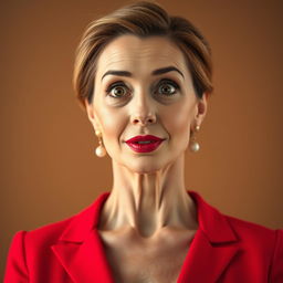A beautiful 50-year-old woman dressed in a striking red outfit stands front-facing, looking directly at the camera with a surprised expression