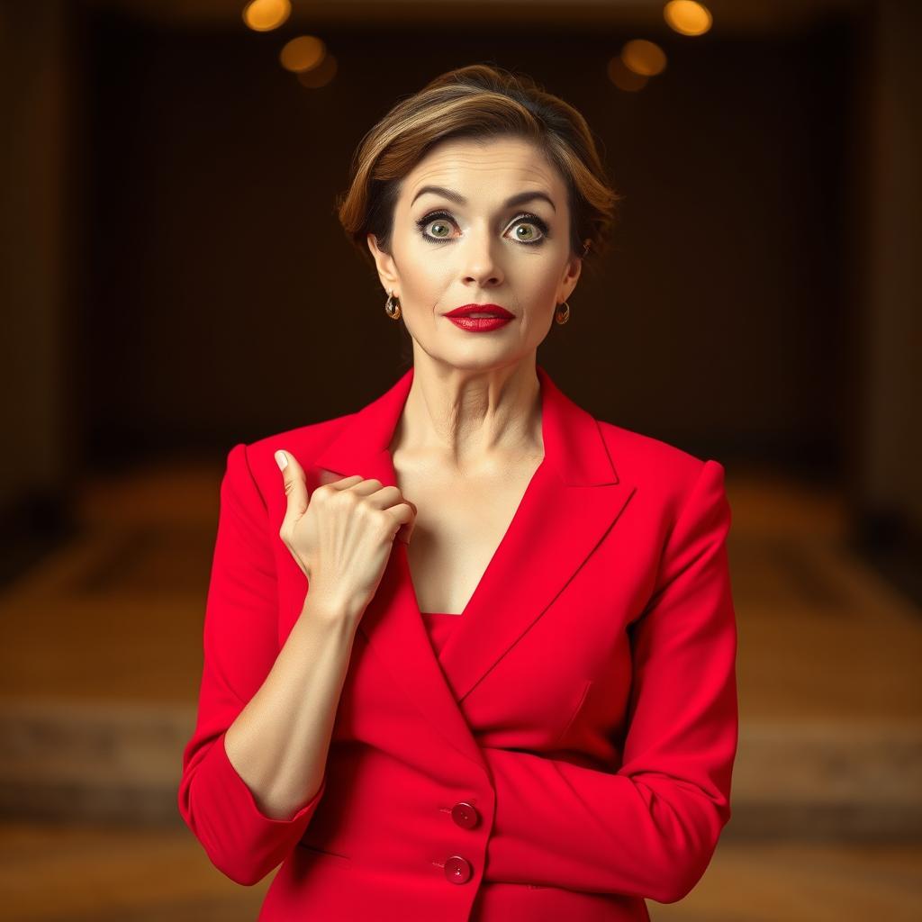 A beautiful 50-year-old woman dressed in a striking red outfit stands front-facing, looking directly at the camera with a surprised expression