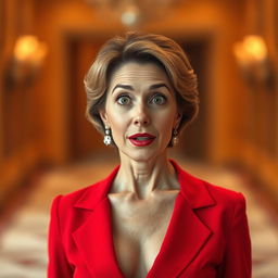 A beautiful 50-year-old woman dressed in a striking red outfit stands front-facing, looking directly at the camera with a surprised expression