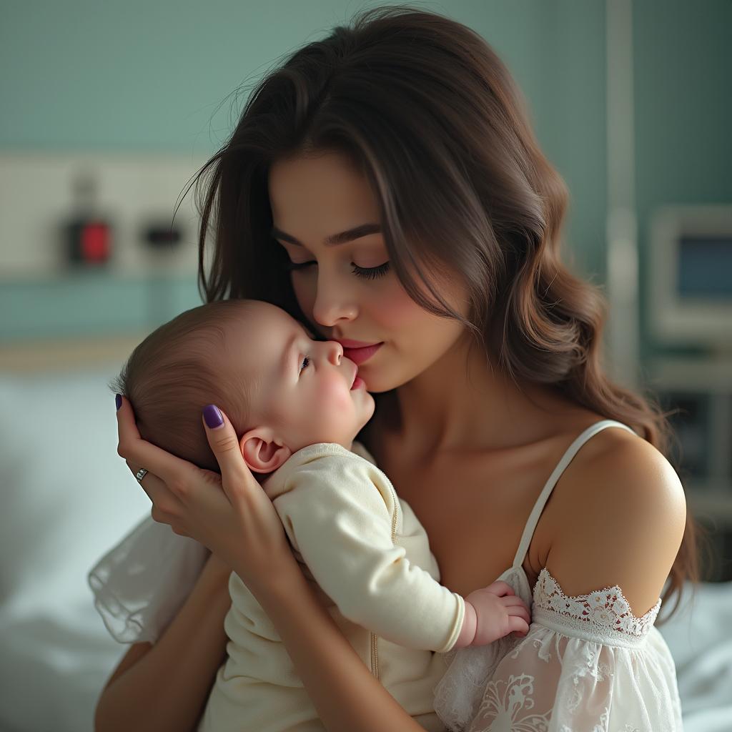 A realistic portrayal of a nurse in sexy lingerie gently kissing a baby boy, capturing a tender and caring moment