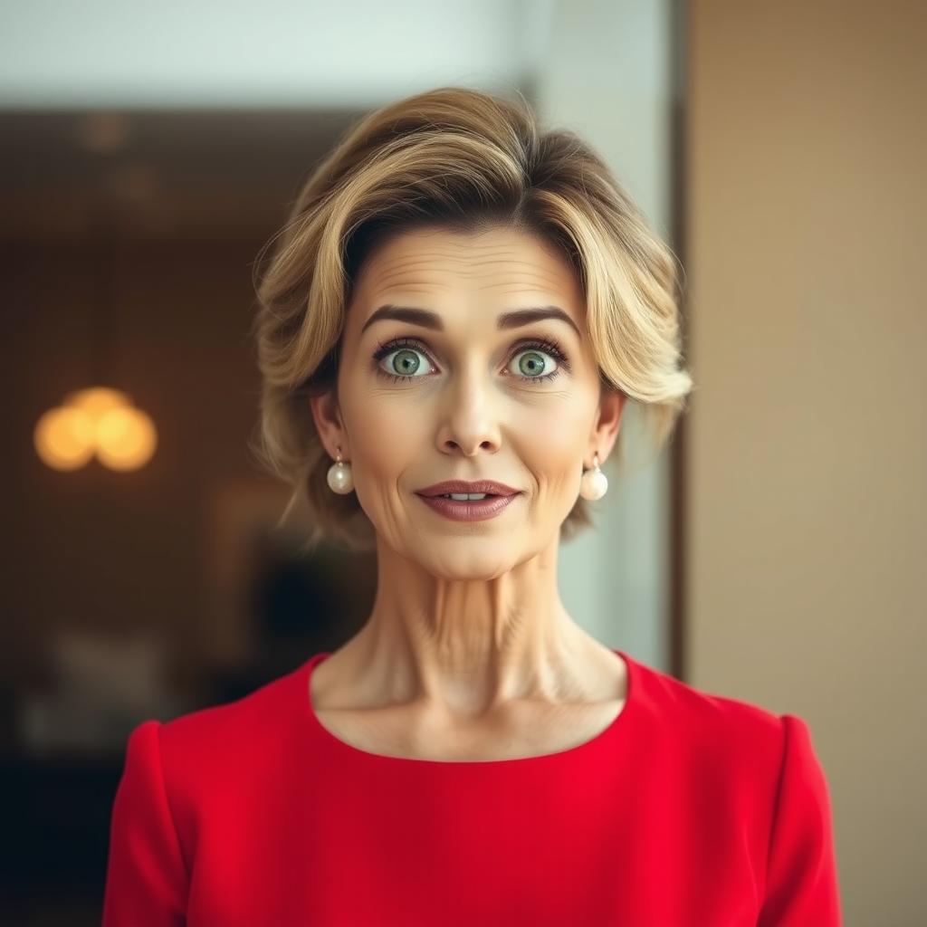 A beautiful 50-year-old woman dressed in a lovely red outfit stands front-facing, looking directly at the camera with a surprised expression