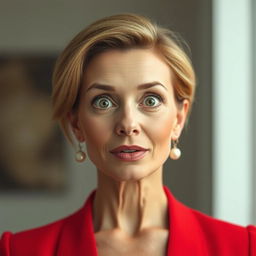 A beautiful 50-year-old woman dressed in a lovely red outfit stands front-facing, looking directly at the camera with a surprised expression