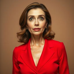 A beautiful 50-year-old woman dressed in a lovely red outfit stands front-facing, looking directly at the camera with a surprised expression