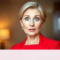 A beautiful 50-year-old woman dressed in a lovely red outfit stands front-facing, looking directly at the camera with a surprised expression