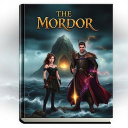 A captivating book cover featuring a dark and misty island in the background, enveloped in fog and surrounded by a turbulent, stormy ocean