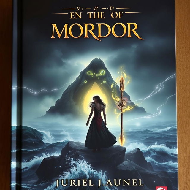 A captivating book cover featuring a dark and misty island in the background, enveloped in fog and surrounded by a turbulent, stormy ocean