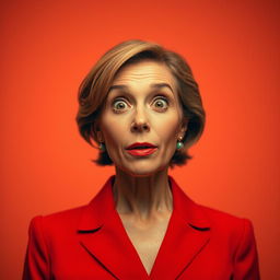A beautiful 50-year-old woman dressed in a vibrant red outfit stands front-facing, looking directly at the camera with a surprised expression