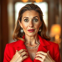 A beautiful 50-year-old woman dressed in a vibrant red outfit stands front-facing, looking directly at the camera with a surprised expression
