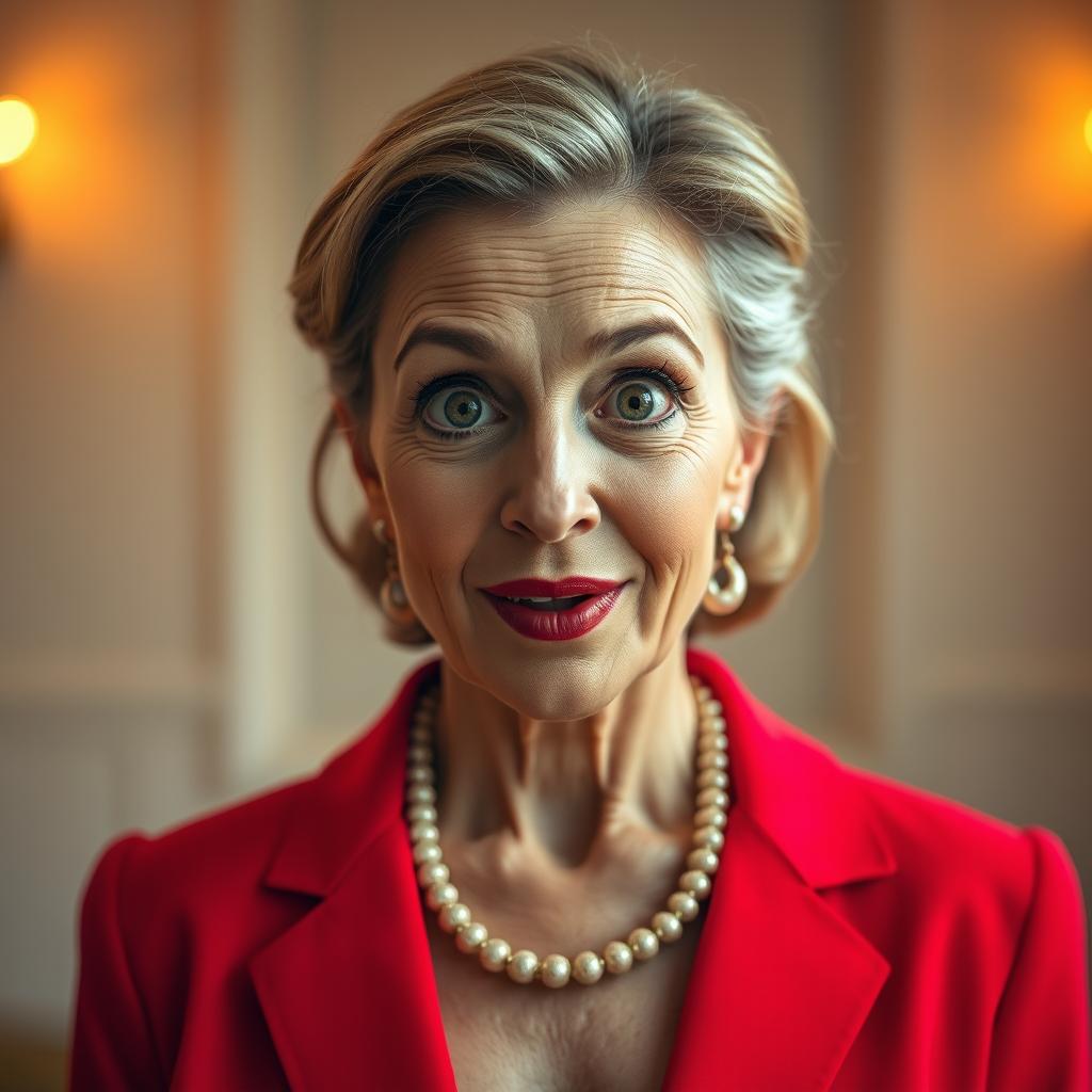 A beautiful 50-year-old woman dressed in a vibrant red outfit stands front-facing, looking directly at the camera with a surprised expression