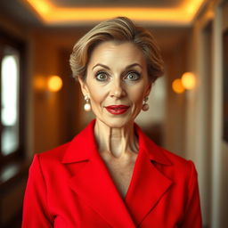 A beautiful 50-year-old woman dressed in a vibrant red outfit stands front-facing, looking directly at the camera with a surprised expression