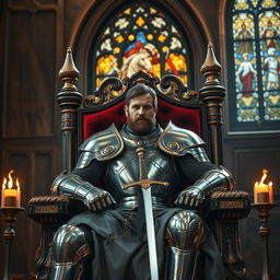 A powerful knight in shining armor sits majestically on a grand throne in a medieval castle