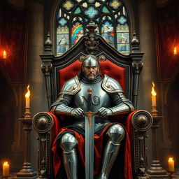 A powerful knight in shining armor sits majestically on a grand throne in a medieval castle
