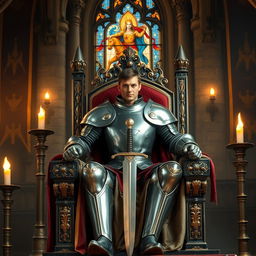A powerful knight in shining armor sits majestically on a grand throne in a medieval castle