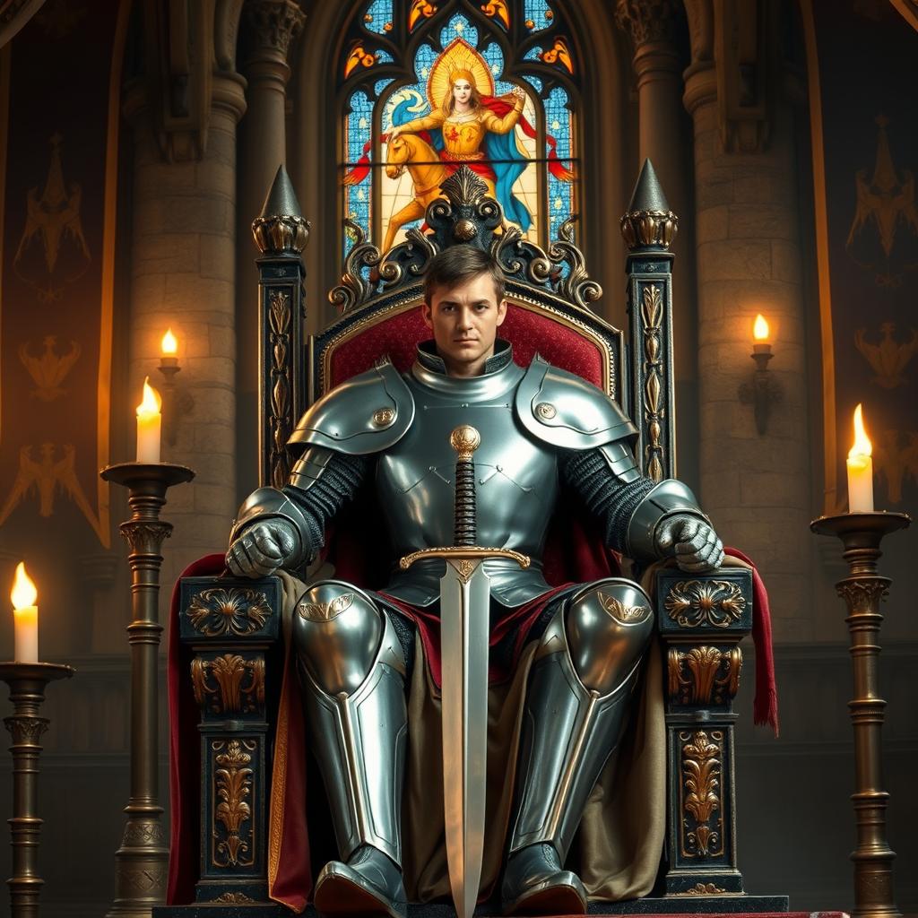 A powerful knight in shining armor sits majestically on a grand throne in a medieval castle