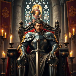 A powerful knight in shining armor sits majestically on a grand throne in a medieval castle