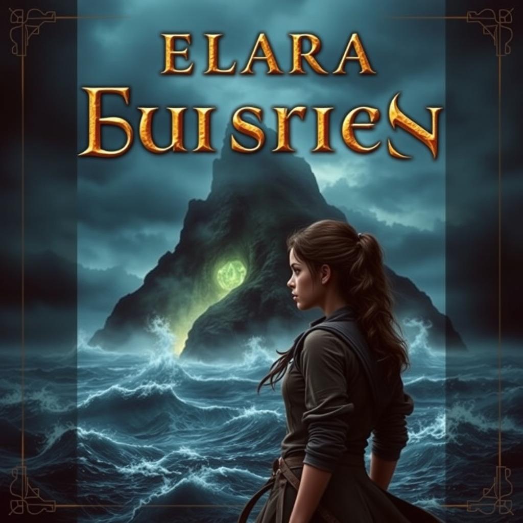 A striking book cover featuring a dark and misty island looming in the background, enveloped by a turbulent and stormy ocean