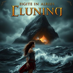 A striking book cover featuring a dark and misty island looming in the background, enveloped by a turbulent and stormy ocean