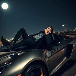 A stylish man lying on a sleek, high-performance sports car under the night sky, casually smoking a cigarette