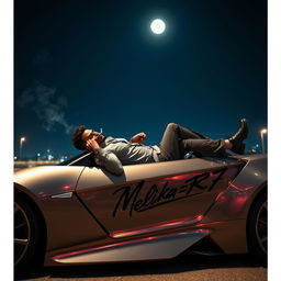 A stylish man lying on a sleek, high-performance sports car under the night sky, casually smoking a cigarette