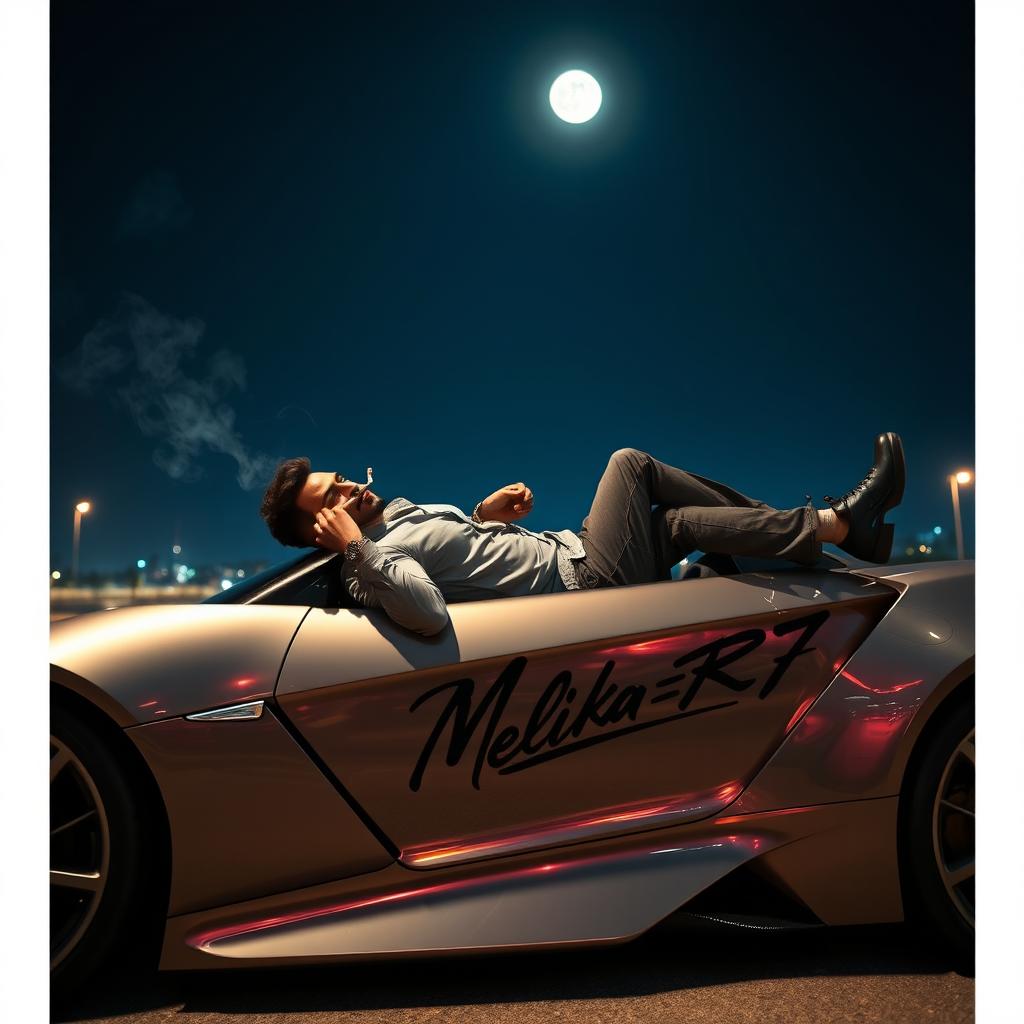 A stylish man lying on a sleek, high-performance sports car under the night sky, casually smoking a cigarette