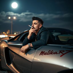 A stylish man lying on a sleek, high-performance sports car under the night sky, casually smoking a cigarette