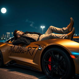 A stylish man lying on a sleek, high-performance sports car under the night sky, casually smoking a cigarette
