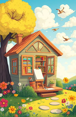 A whimsical cartoon scene of a cozy tiny home nestled in a vibrant, lush landscape