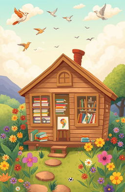 A whimsical cartoon scene of a cozy tiny home nestled in a vibrant, lush landscape