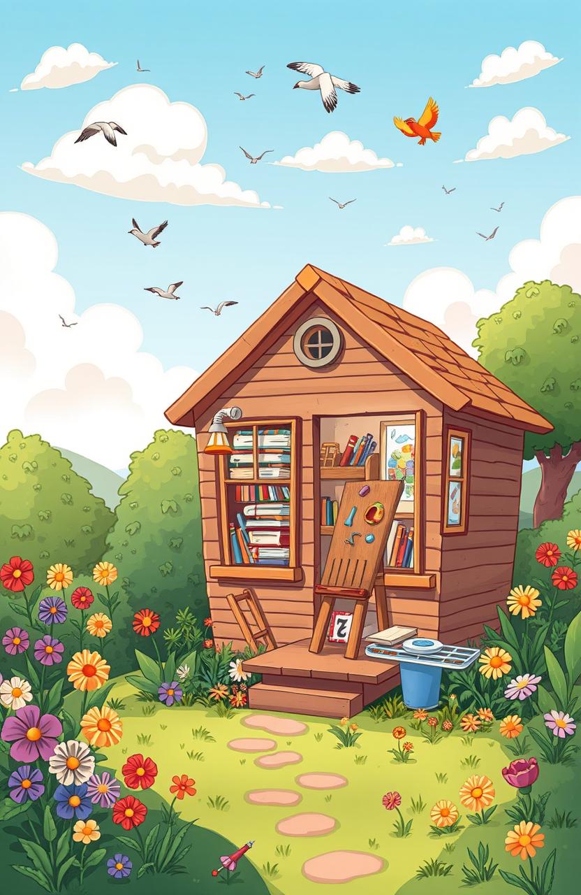 A whimsical cartoon scene of a cozy tiny home nestled in a vibrant, lush landscape