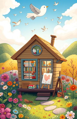 A whimsical cartoon scene of a cozy tiny home nestled in a vibrant, lush landscape