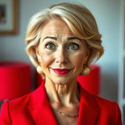 A stunning 50-year-old woman, radiating beauty, dressed in a vibrant red outfit, stands facing forward with her gaze directed at the camera, displaying a look of surprise