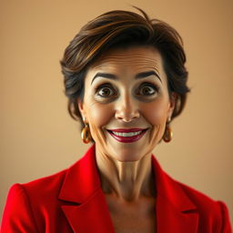 A stunning 50-year-old woman, radiating beauty, dressed in a vibrant red outfit, stands facing forward with her gaze directed at the camera, displaying a look of surprise