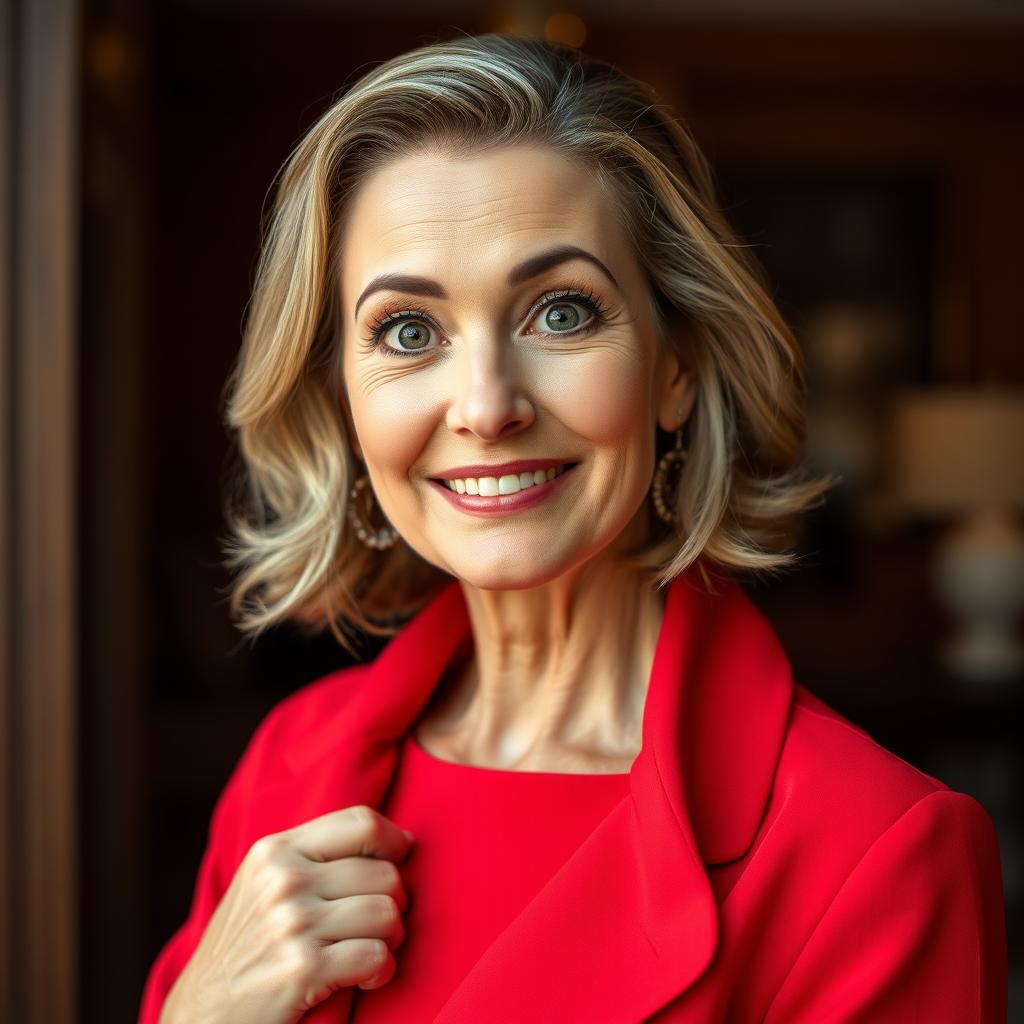 A stunning 50-year-old woman, radiating beauty, dressed in a vibrant red outfit, stands facing forward with her gaze directed at the camera, displaying a look of surprise