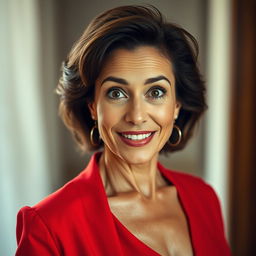A stunning 50-year-old woman, radiating beauty, dressed in a vibrant red outfit, stands facing forward with her gaze directed at the camera, displaying a look of surprise